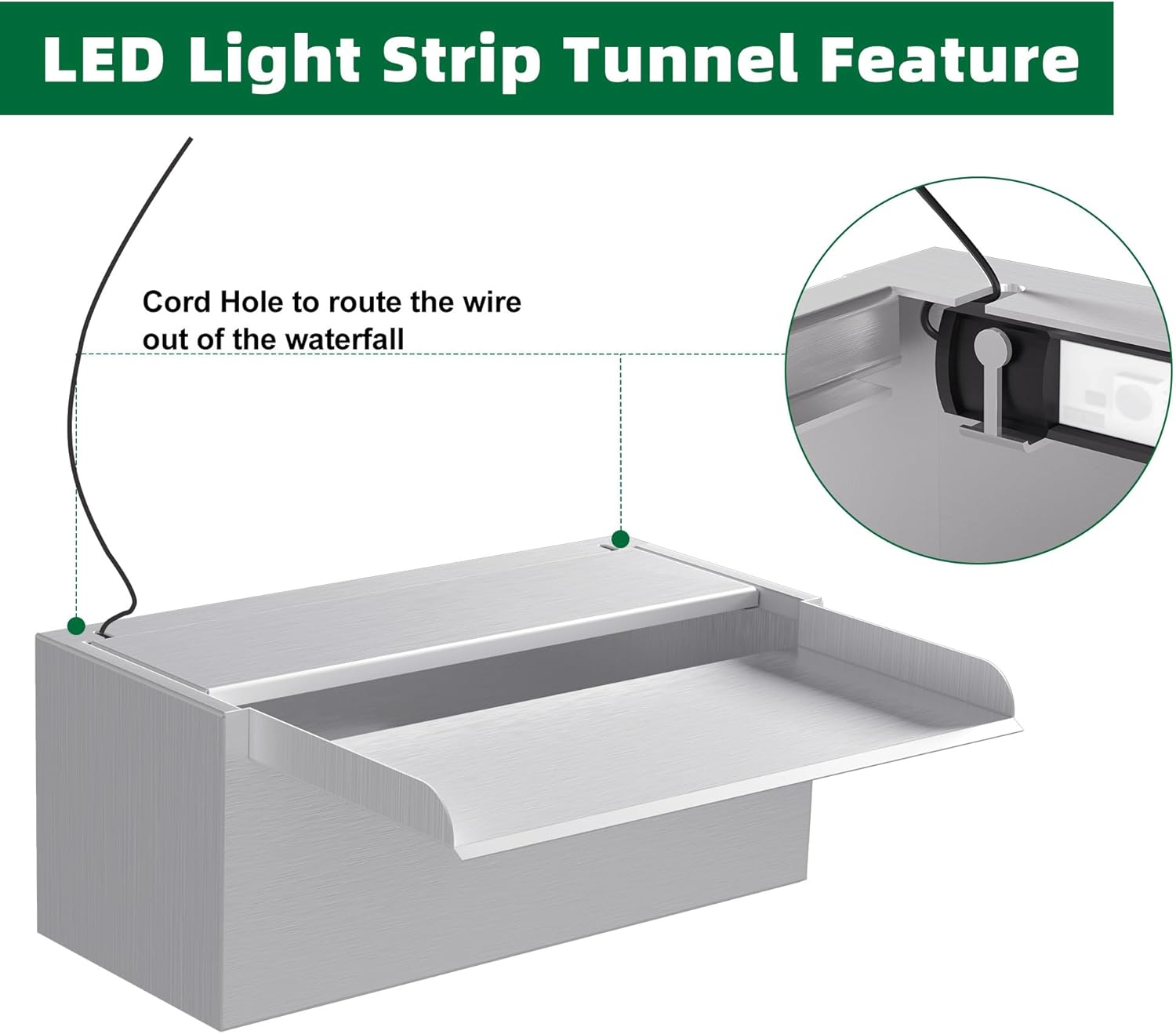 Pond Waterfall Spillway LONGRUNNEW 304 Stainless Steel 11.8" Rectangular Waterfall Spillway, Water Fall Fountain with Pipe Connector for Garden Outdoor, Swimming Pools, Fountains, Pond and Spa