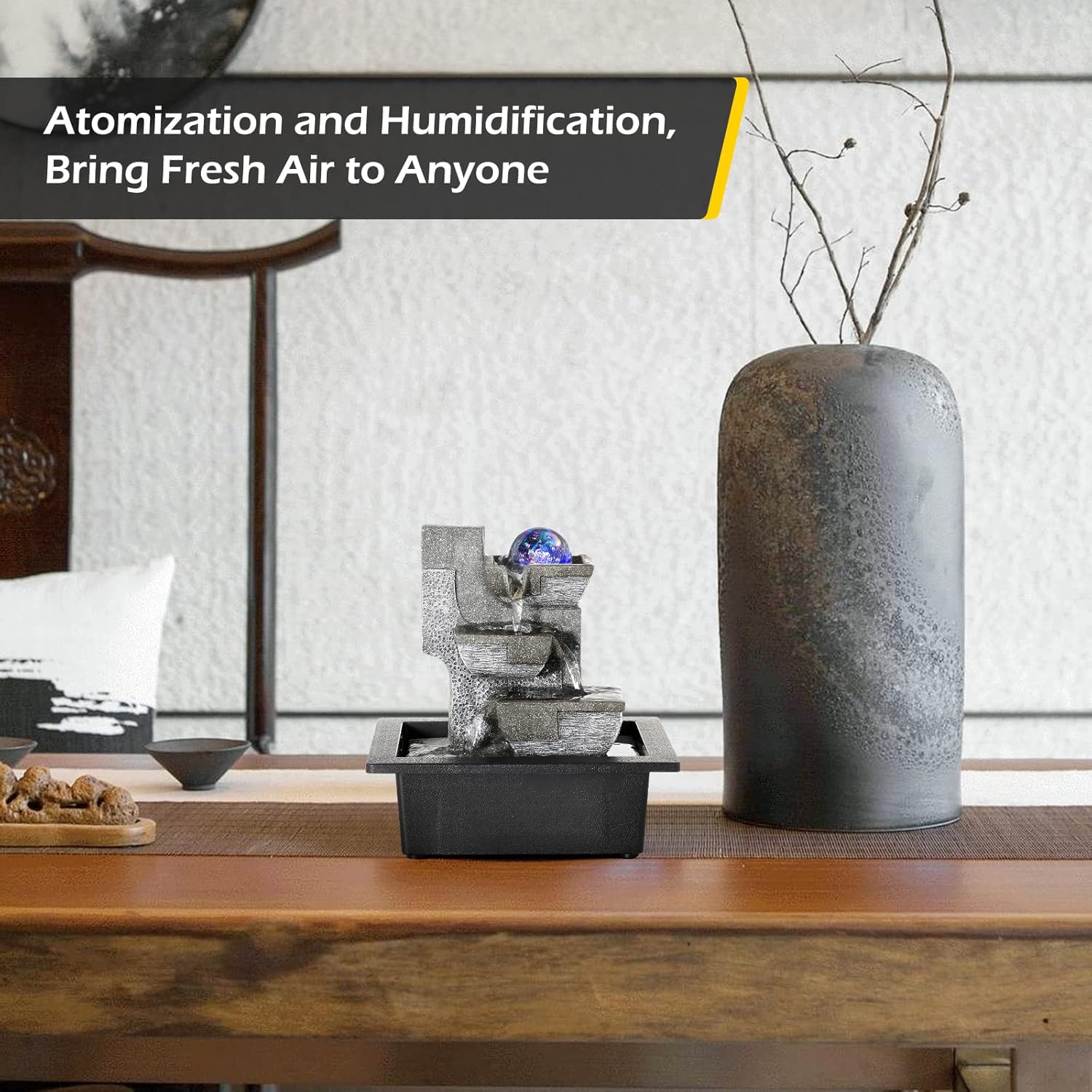 Dyna-Living Water Fountains Indoor Desktop Fountain Relaxation Waterfall Indoor Portable Feng Shui Fountain with LED Light Home Decoration