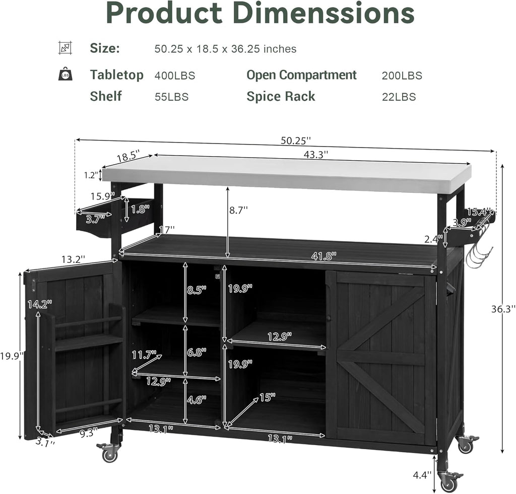 50.25" W Grill Cart with Stainless Steel Tabletop - Outdoor Storage Cabinet for BBQ, Bar Patio Kitchen Island with Ample Storage and Lockable Wheels