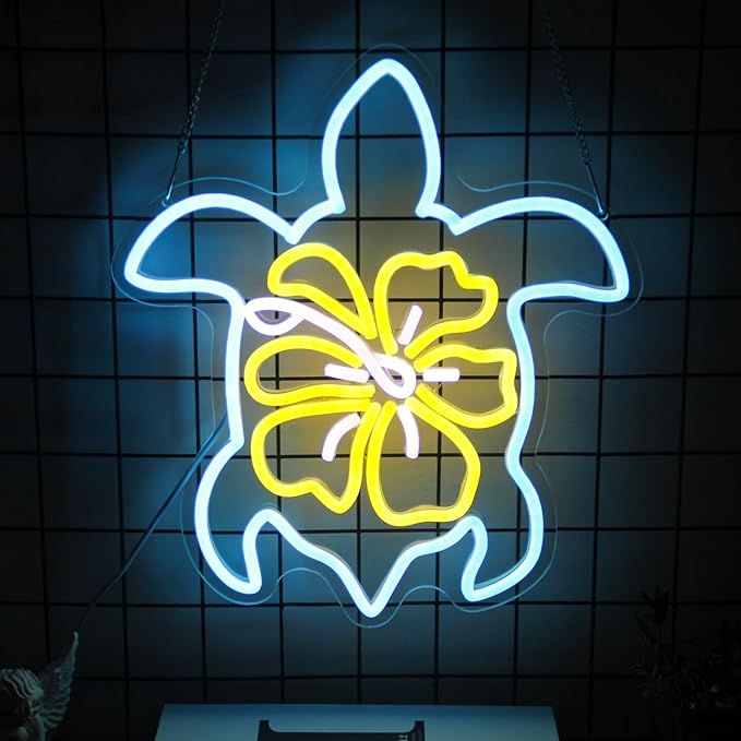 Sea Turtle Hibiscus Neon Signs for Wall Decor Blue Turtle Neon Light Yellow Flower LED Neon Wall Sign Ocean Neon Light Up Sign for Bedroom Living Room Office Decor Sea Turtle Gifts