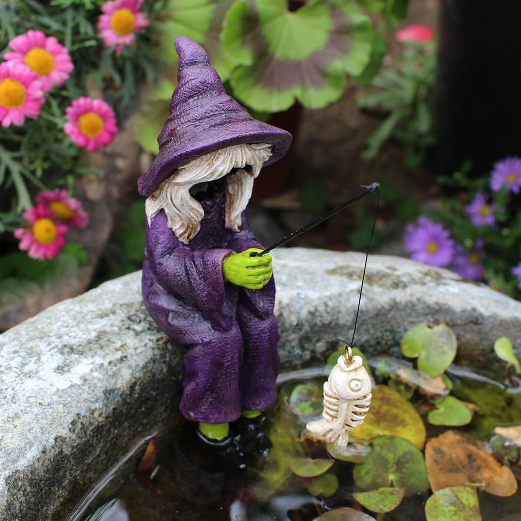 Fishing Witch Statue Funny Halloween Decorations, 4.7 Inch Sitting Witch Figurine Shelf Sitter Resin Sculpture for Outdoor Garden Yard Lawn Pond Waterfalls Pool Ornaments