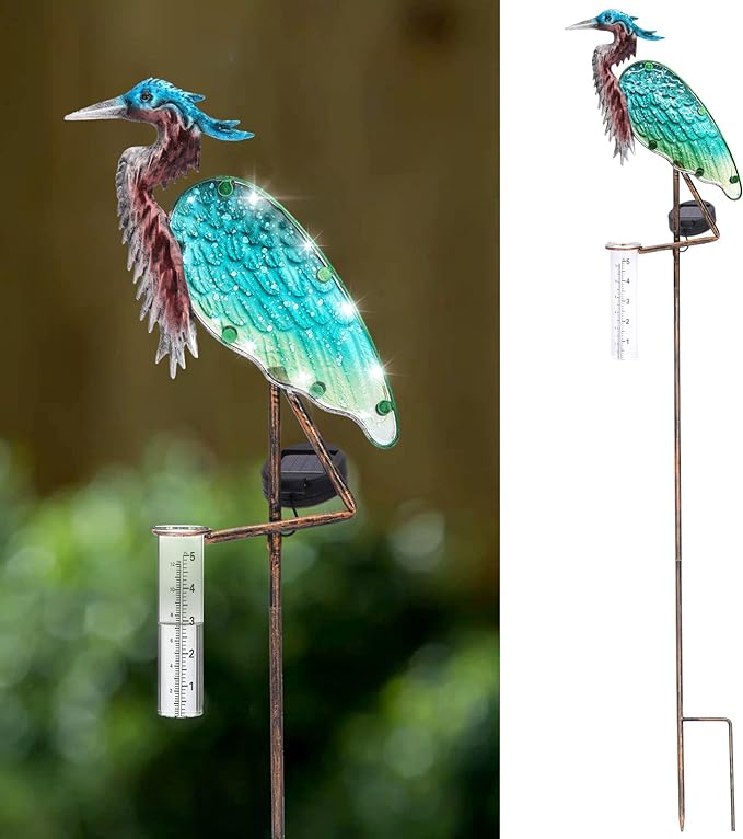 LEWIS&WAYNE 43’’ Solar Heron Rain Gauge Outdoor Decorative Metal Stake LED Lights with Glass Tube Solar Pathway Lights for Garden, Yard, Patio, Lawn Decor