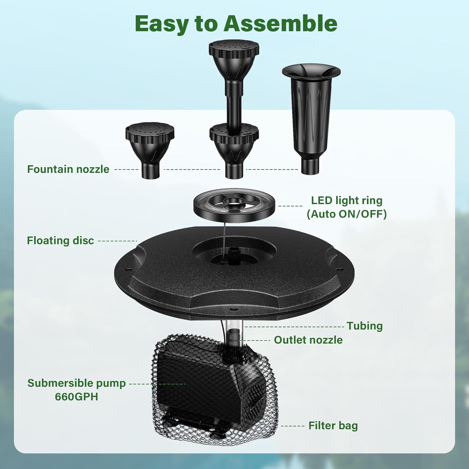 Biling Floating Pond Fountain with 660GPH Fountain Pump, Color-Changing LED Lights, 27 FT Power Cord, 3 Spray Patterns, Pond Water Fountain for Outdoor Pond, Black