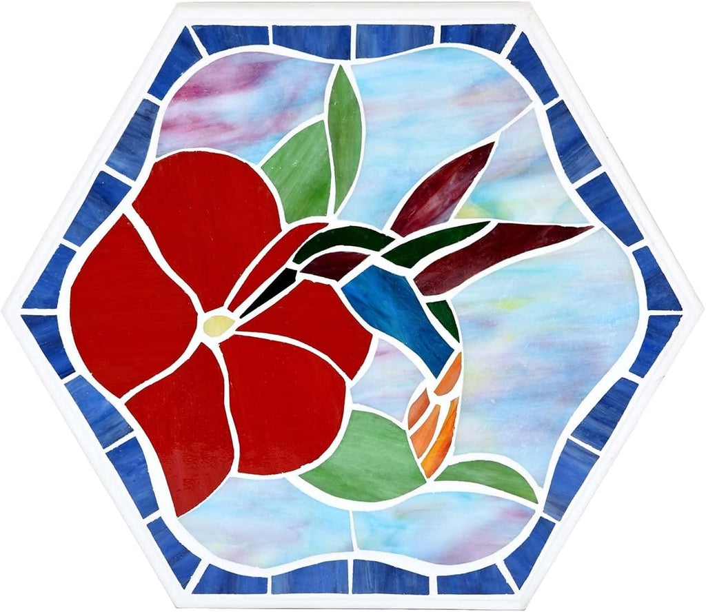 Bieye MSS003 Tiffany Style Stained Glass Mosaic Decorative Stepping Stone for Garden Decor (13" Hexagonal, Hummingbird)