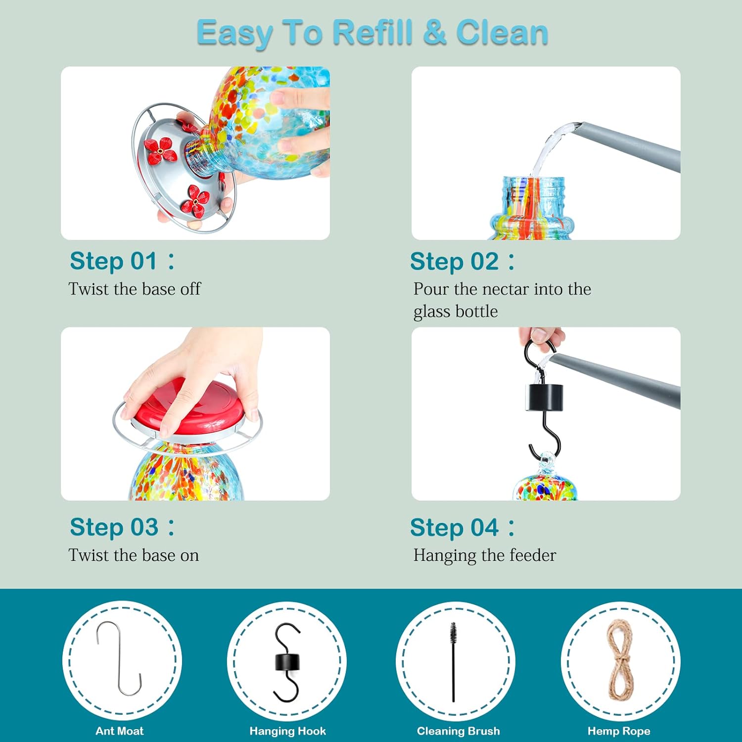 Yinns Glass Hummingbird Feeder for Outdoor Hanging Ant and Bee Proof, Hand Blown Glass Feeder with Ant Moat, Backyard Decoration, Garden Gifts for Women