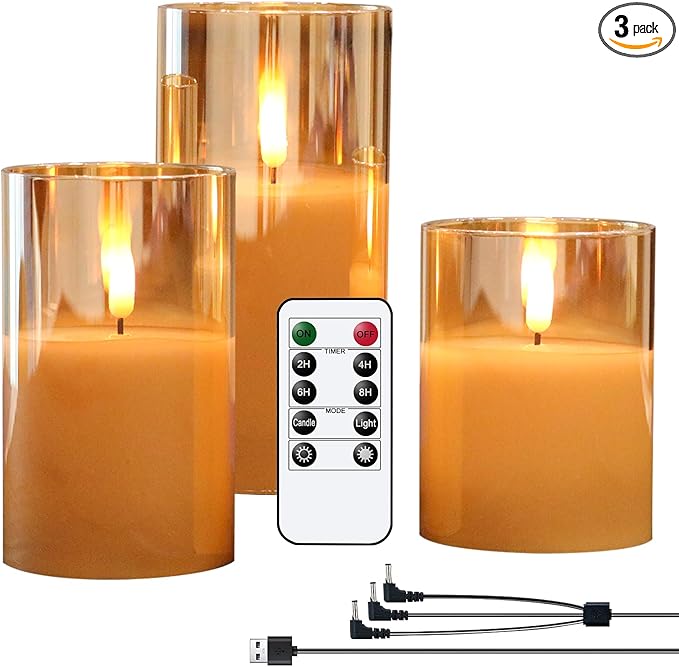 Rechargeable Candles Flickering with Remote, Rechargeable Flameless Candles with Timer, LED Candles Battery Operated with 3D Wick and Charging Cable for Valentine's Day Home Decor(Gold)
