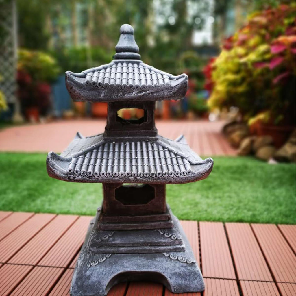 Outdoor Zen Garden Lantern - 2 Tier Pagoda Garden Statue, Stone Lantern, Japanese Style for Zen Lawn Garden Decoration and Christmas Ornament (Dark Gray)