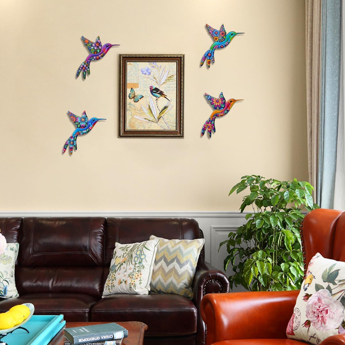 Metal Hummingbird Wall Decor,Outdoor Fence Birds Art Decoration,Hanging Decorations for Garden,Yard,Patio Balcony,Great Gifts for Family Friends(4 Pack)