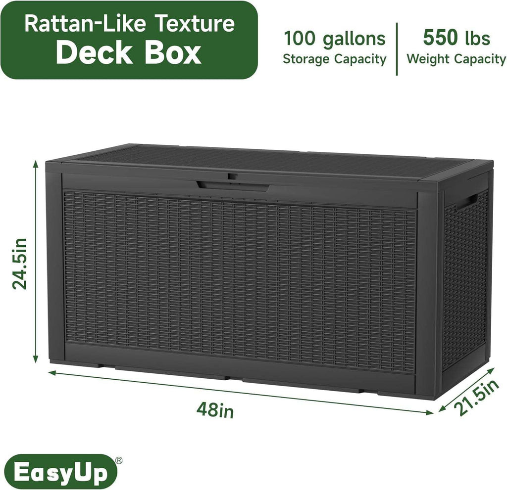 100 Gallon Outdoor Storage Box Waterproof, UV Resistant Resin Deck Box with Hydraulic Rod, Reinforced Stability for Patio, Garden, Rattan Black