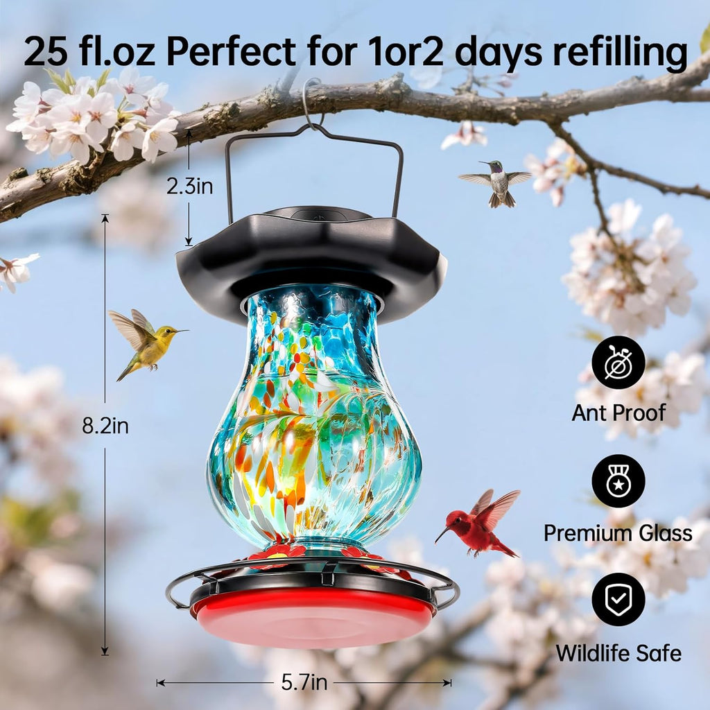 Solar Hummingbird Feeder for Outdoor - 25 fl.oz Hand Blown Glass Hummingbird Feeders for Outdoors Hanging, Large Capacity with Moat, 6 Colors Changing Light Outside Garden Decor (Blue)