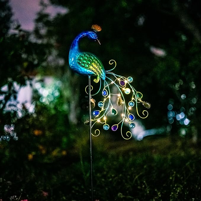 DREAMSOUL Metal Peacock Garden Solar Lights Outdoor Decorative Garden Stake Lights- Waterproof Peacock Solar Landscape LED Path Light Patio Yard Lawn Outside Decoration