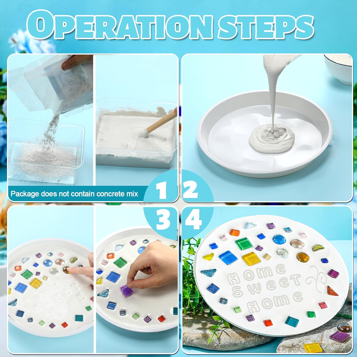 5 Pcs 3 Size Stepping Stone Kit for DIY Outdoor Garden Stepping Stone Includes Cement Molds Mosaic Tiles and Concrete Letter Stamps No Concrete Mix(White)