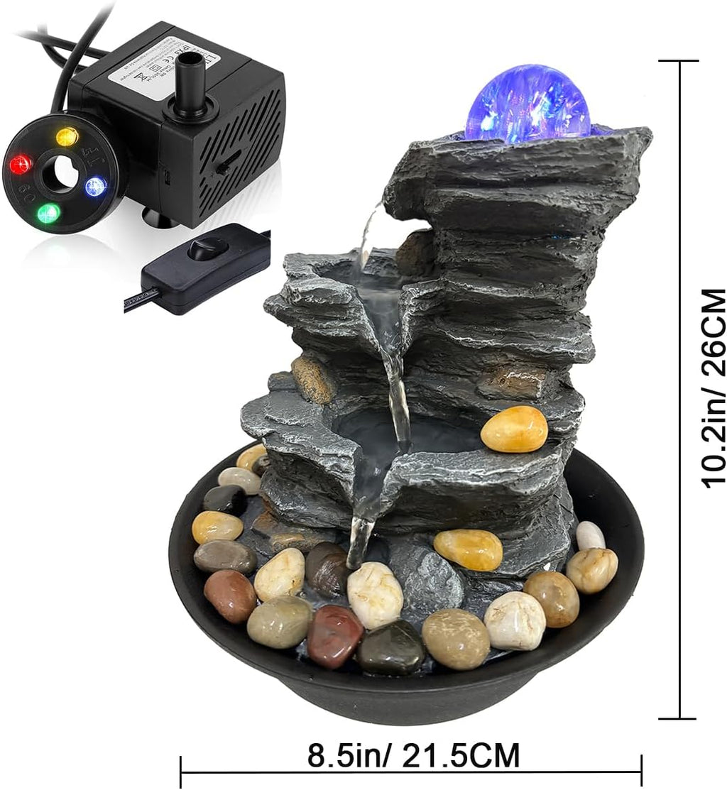 Indoor Tabletop Water Fountain Rotating Ball Rock Waterfall Fountain with Colorful Lights and Natural River Rocks, Zen Meditation for Home Office Decor