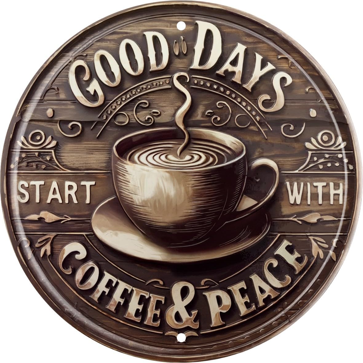 Vintage Coffee & Peace Round Wooden Sign for Kitchen Home Office Cafe or Outdoor Decor Rustic Wall Art 8x8 In