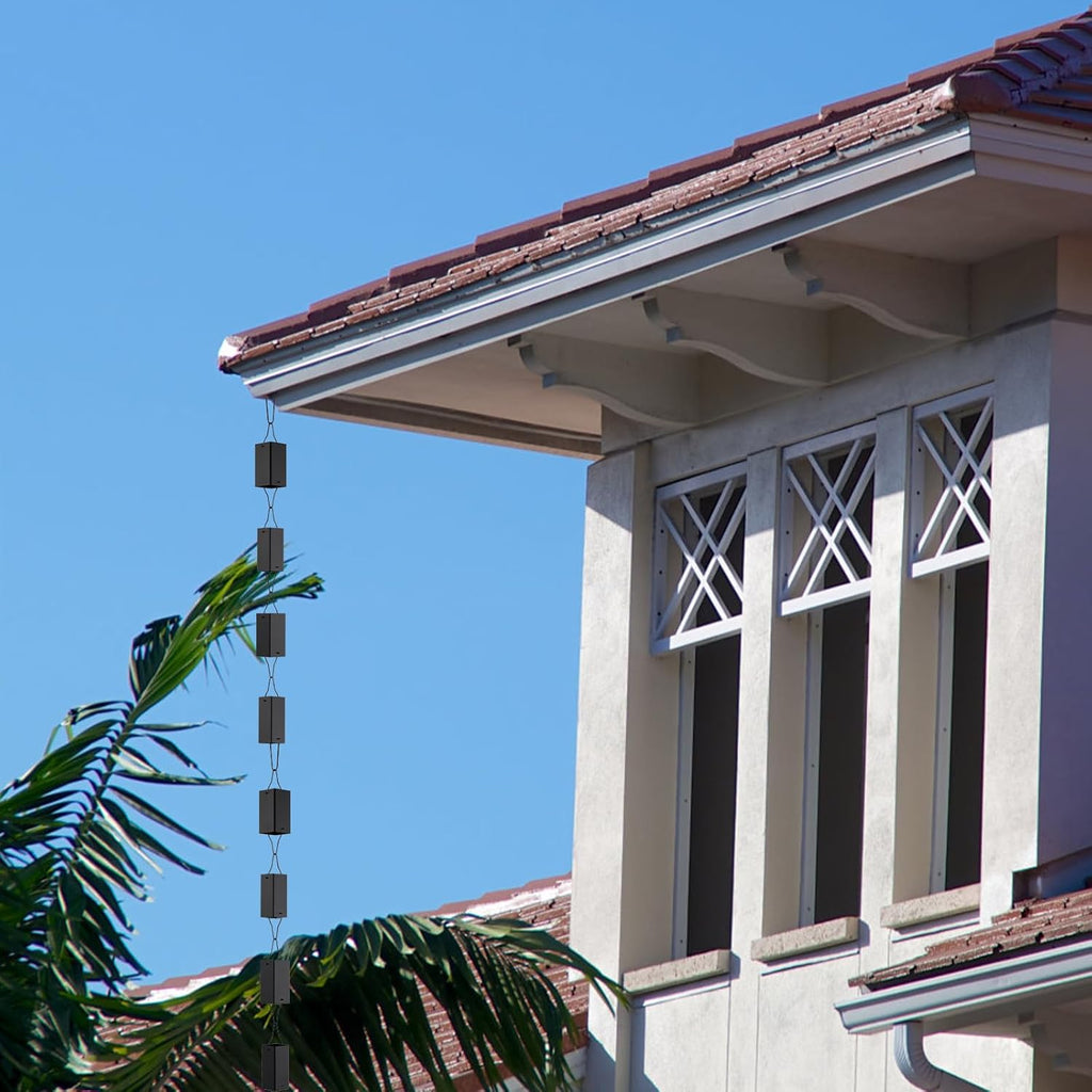 TE DEUM Aluminum Rain Chain, 8.5 Feet Length, 2.36inch Big Size Cup, Black Powder Coated, Functional and Decorative Replacement for Gutter Downspouts, V Gutter Clip Included, Black, 12 Cups