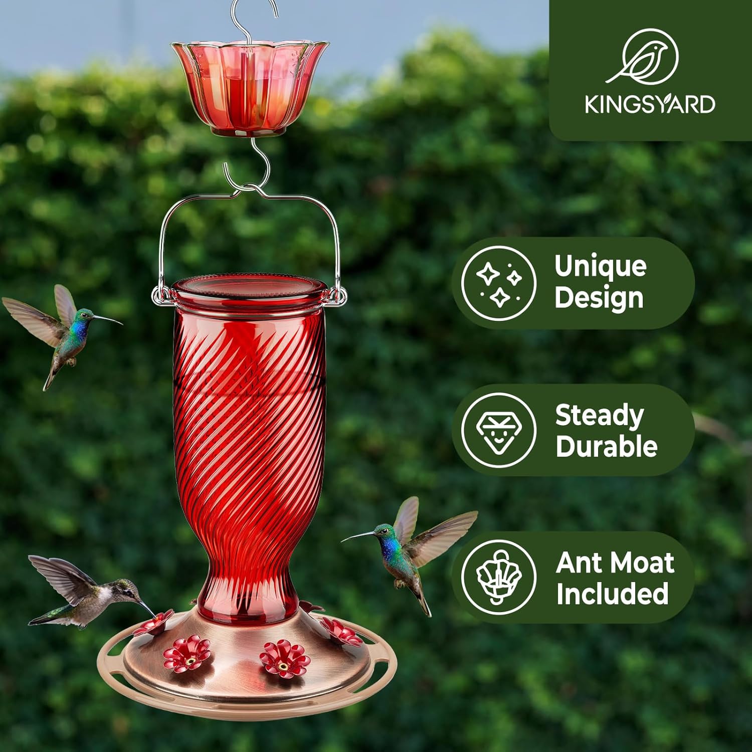 Kingsyard Glass Hummingbird Feeders for Outdoors, 24 oz Hummingbird Nectar Feeder for Outdoors Garden Porch Fall Decorations, 6 Feeding Ports, Ant Moat Included, Easy to Clean & Refill, Red