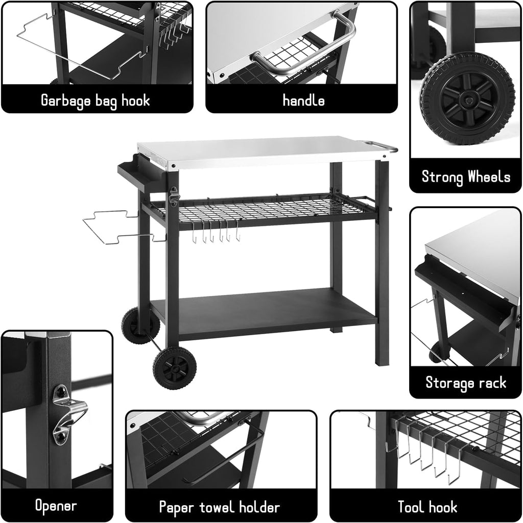 Grill Cart Table with Three Shelf, Movable Outdoor Dining Cart Pizza Oven Stand with Three Hooks, Kitchen Cart Island Multifunction Food Prep Table (Sliver)