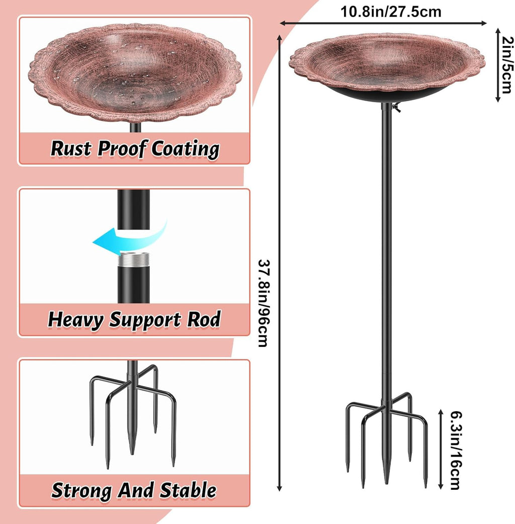 Bird Bath for Outside, MeyRolizn Metal Birdbath Birdfeeder Decorated with 5 Prong Base Stand, Outdoor Freestanding Bird Baths Feeder Bowl Garden Decor Yard Patio Lawn Art (Vintage Copper)
