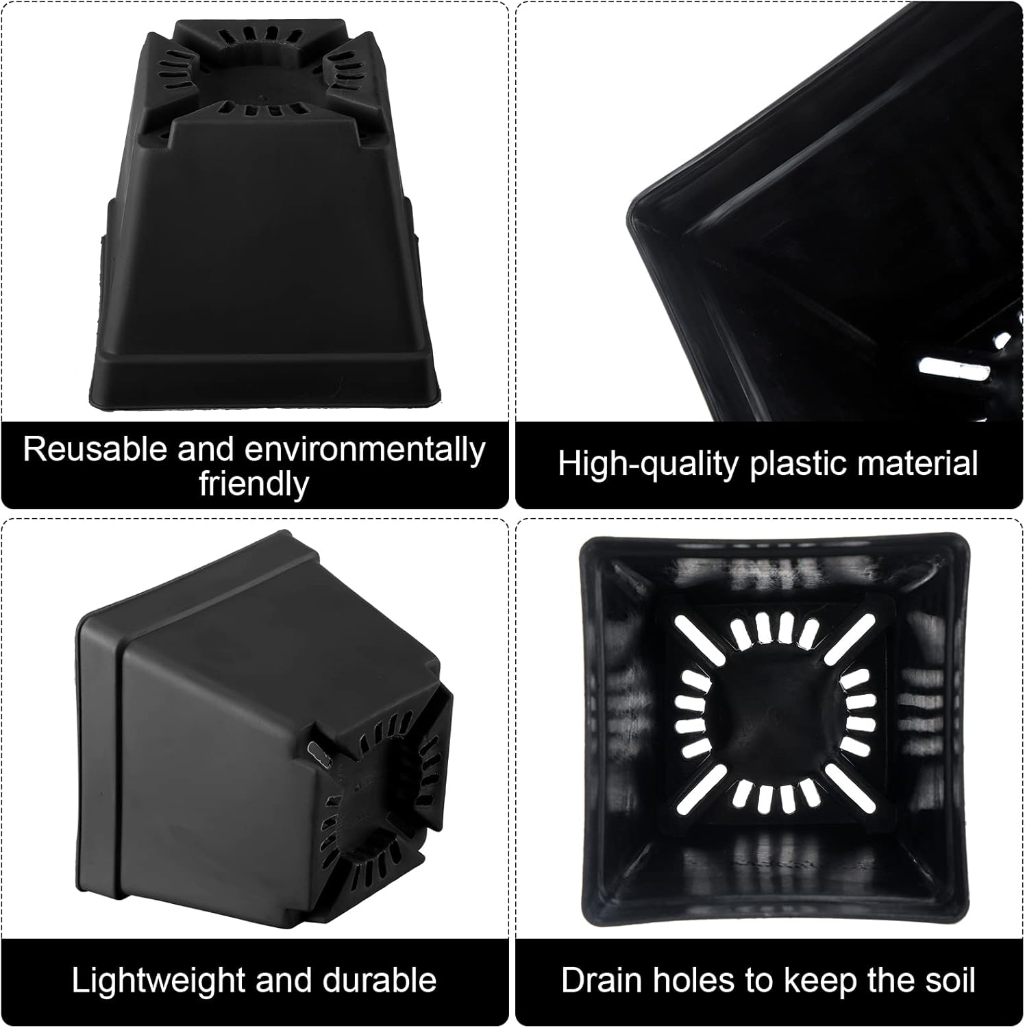 100 Pieces 4 Inch Flower Pots Square Plants Nursery Pot Plastic Plant Seedling Pots Nursery Transplanting Planter Container with Saucer for Indoor Herbs Succulents Balcony Garden Office (Black)
