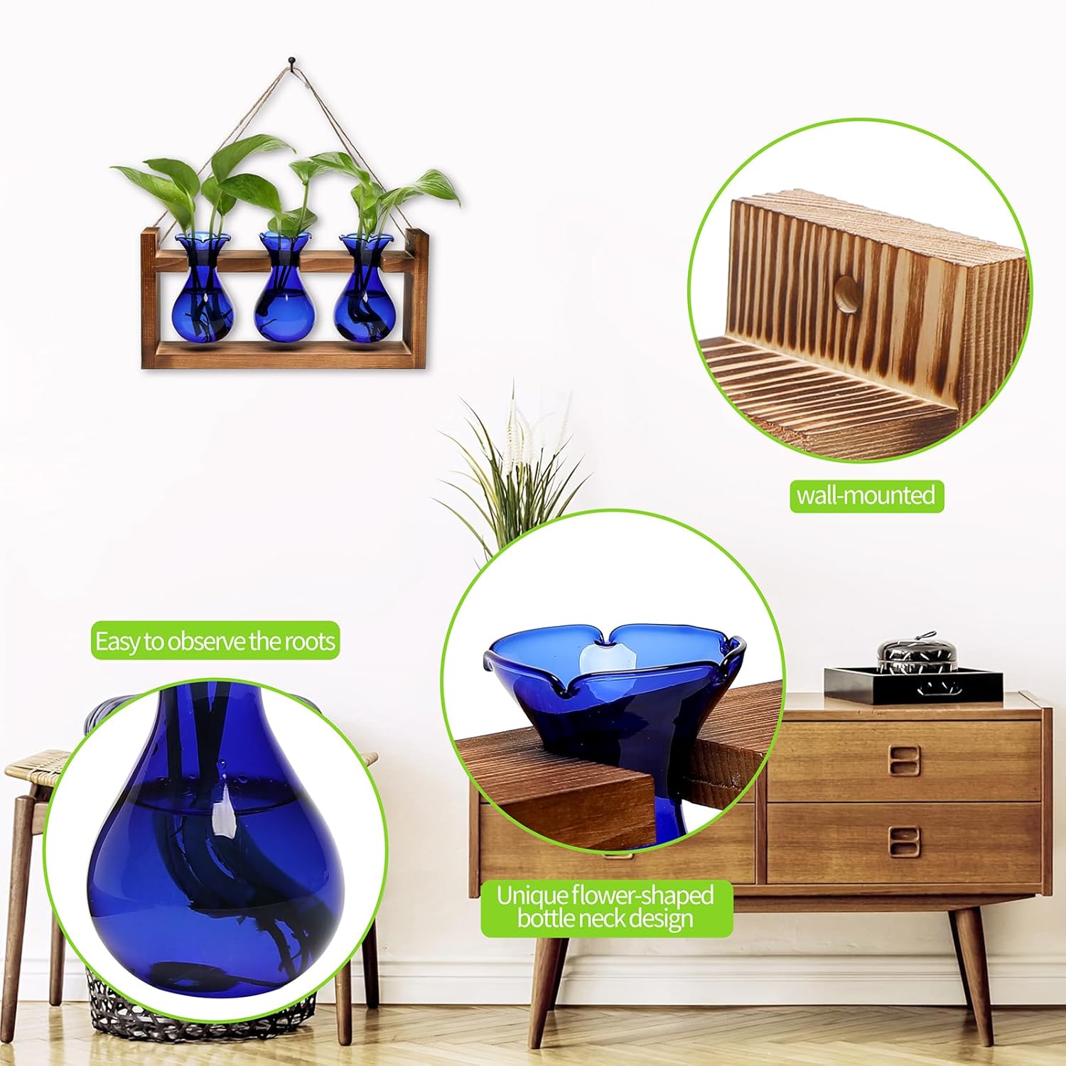 Plant Propagation Station Plant Terrarium Unique Birthday Gifts for Women Home Office Decor Planter with Wooden Stand - 3 Bulb Glass Vase