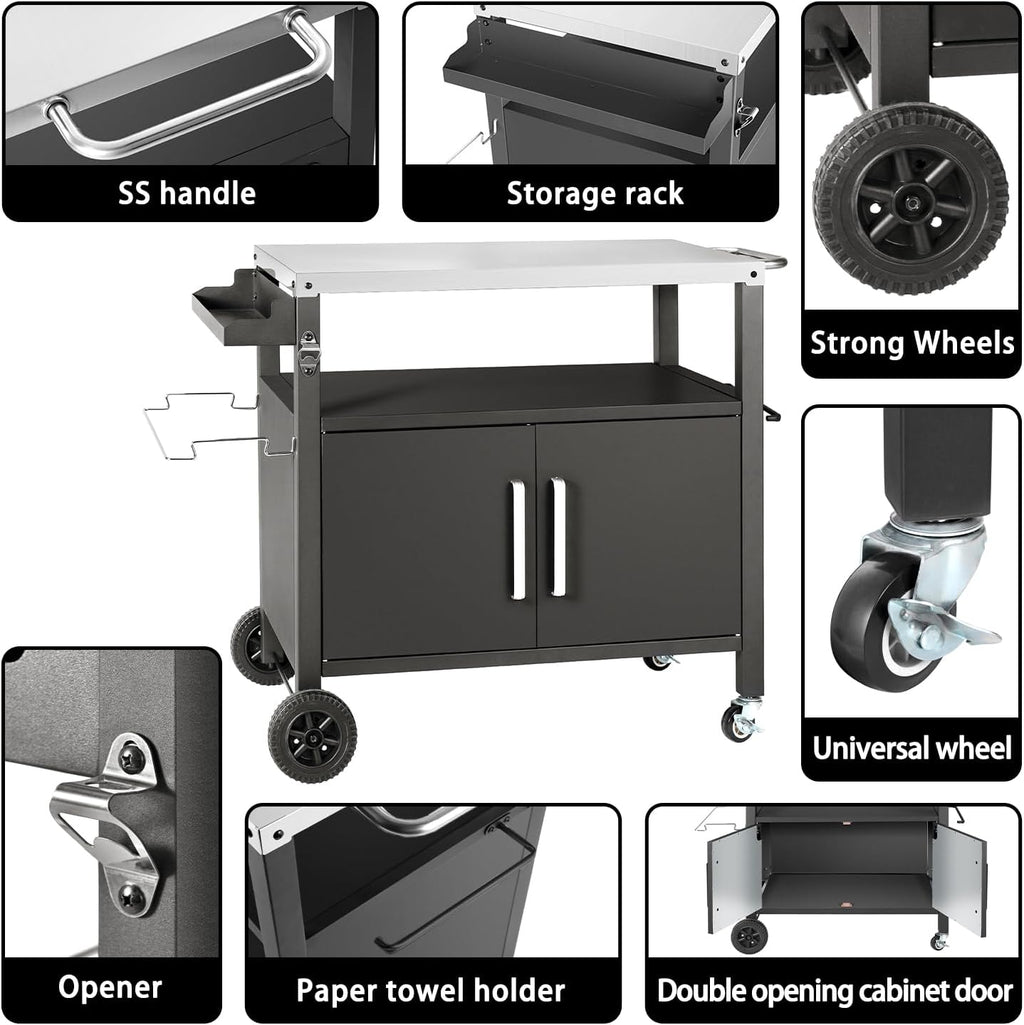 Grill Cart Table with Big Storage Cabinet, Movable Outdoor Dining Cart Pizza Oven Stand, Kitchen Cart Island Multifunction Food Prep Table Stainless Steel Surface