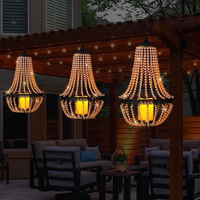 Hanging Candle Lantern, 27” Battery Operated Modern Clear Acrylic Crystal Chandeliers with Flickering Yellow Led Candle Light S Hooks for Garden, Backyard, Gazebo, Room Indoor Outdoor Decor