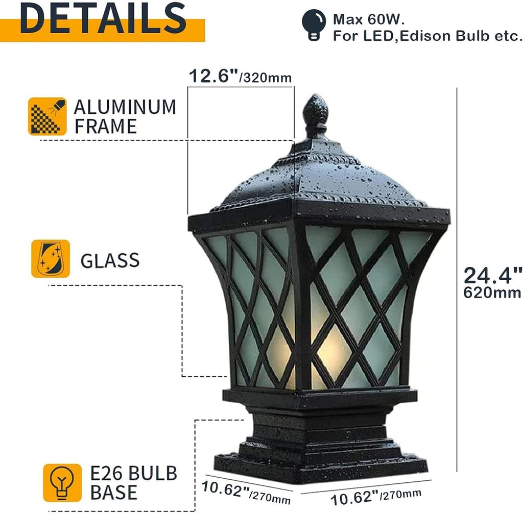 Outdoor Column Lights, 24.4″ Modern Column Lamp IP54 Waterproof Glass Post Light Outdoor E26 Aluminum Fence Post Light Fixtures for Villa Garden Park Lighting Black Pillar Lights