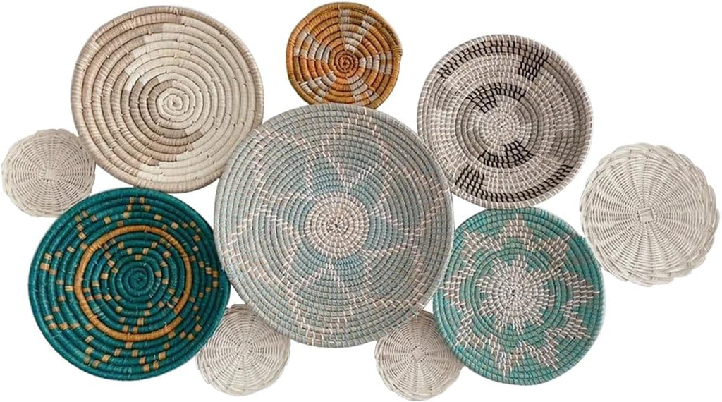 Wicker Basket Wall Decor – Boho Baskets For Wall Decoration with Loop Attached, Handwoven Wall Plates, Natural Woven Wall Art for Living Room Bedroom, Decorative Seagrass Wall Hanging Set of 10