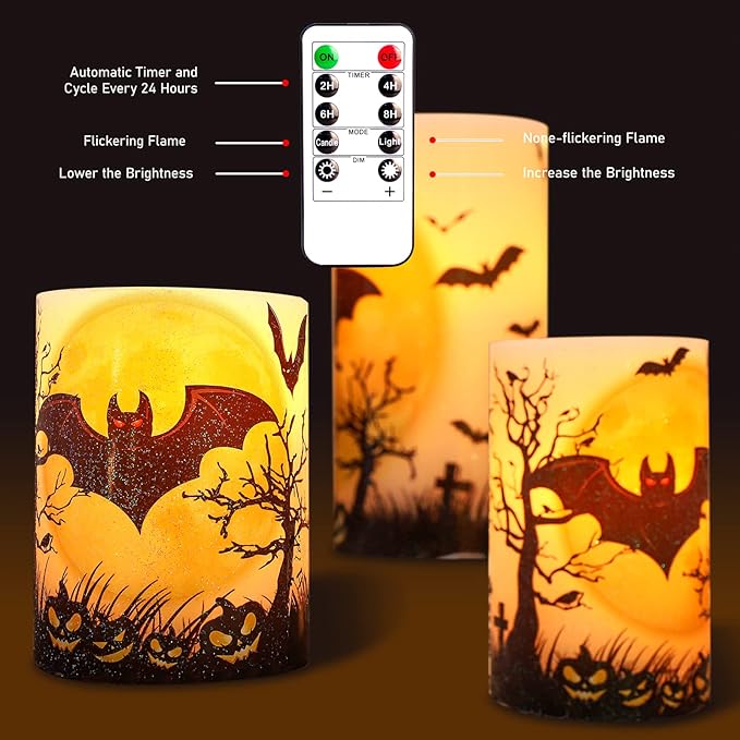 Halloween Decorations LED Candles with Bats Moon Big House Pumpkin Battery Operated Remote Timer Dim Glitter Design Real Wax Realistic Flickering Flameless Pillar for Horror Spooky Decor