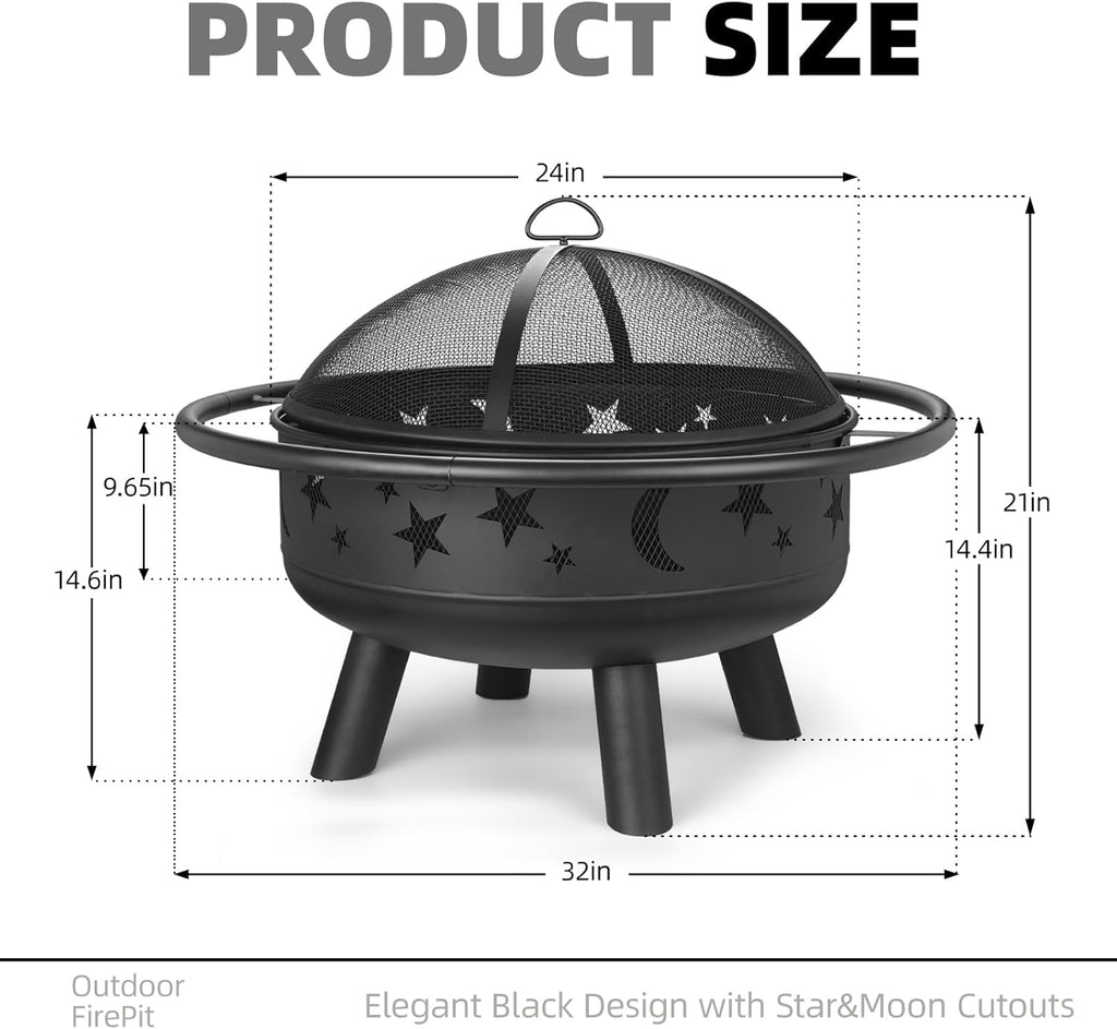 32" Round Wood Burning Fire Pit with Mesh Cover, Fire Poker, Star & Moon Cutouts, Metal Outdoor Firepit for Patio, Backyard, Garden, Bonfire, Camping, Christmas, Thanksgiving, Halloween