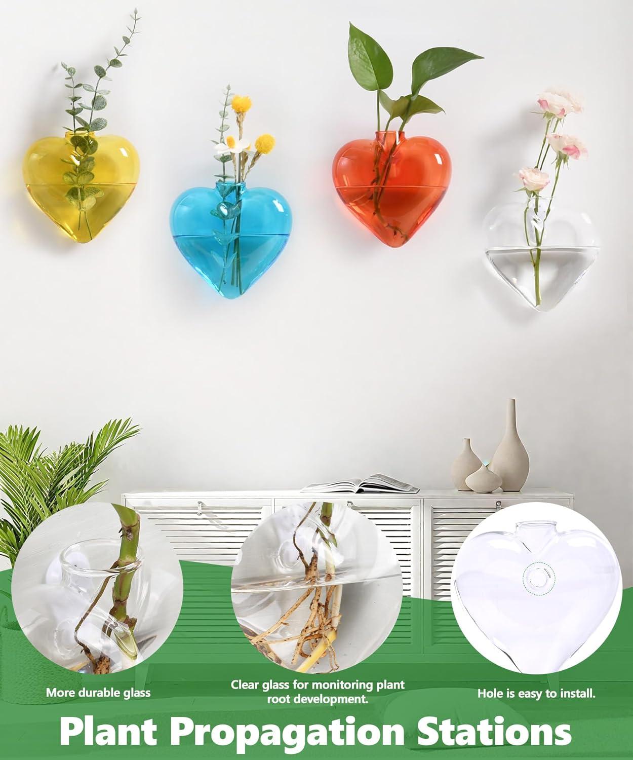 Nacome Wall Hanging Glass Planter Terrarium Plant Propagation Station, 4 Pack Heart Shape Vase for Hydroponic Home Office Garden Decor,Unique Gardening Gifts for Plant Lovers Women Mom(Colored)