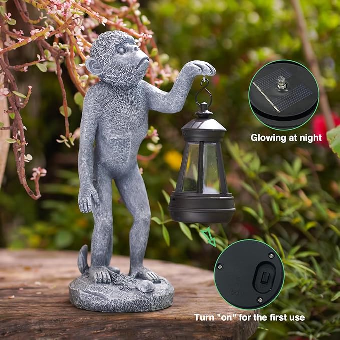 Garden Statue Monkey Figurine - Monkey Decor with Solar Powered Led Lights for Patio Lawn Balcony Yard - Ideal Gift for Women Moms Grandma Housewarming
