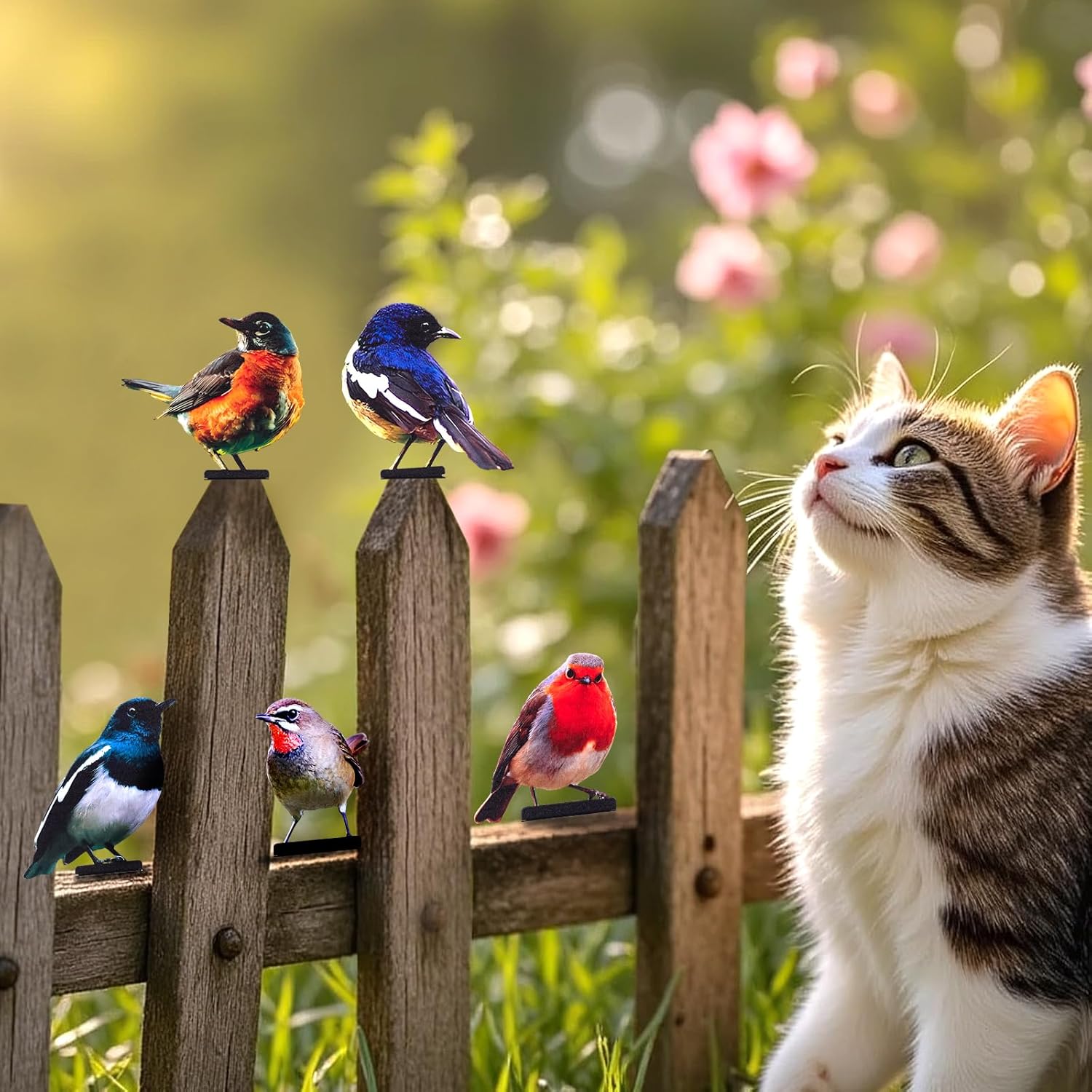 HUYIENO 5PCS Vivid Metal Birds Fence Decor Color Painted Outdoor Garden Natural Bird 2D Sculptures for Outdoor Fences, Patio, Garden and Bird Lovers