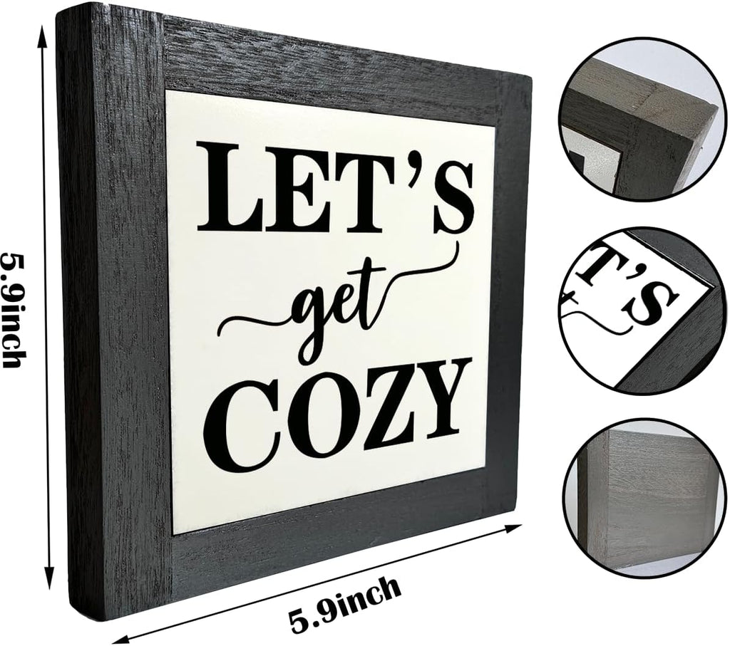 Inspirational Wood Signs, Box Wood Plaques Desk Décor, Farmhouse Home Decor Sign for Shelf, Family Table Decor for Kitchen Bedroom Dining Room, Living Room Decor, Housewarming Gift, Let's Get Cozy C