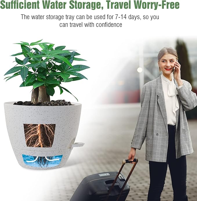 12 inch Large Self Watering Pots, Plastic Planters with 60oZ Removable Deep Reservoir and Multi Mesh Drainage Holes for Indoor Outdoor Garden Plants and Flowers, White Speckles