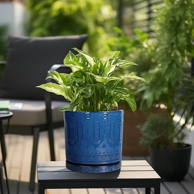 10 Inch Plant Pot - Ceramic Planter Outdoor Plant Pot Indoor with Drainage Holes and Saucer Large Flower Pot Round Decorative Planter for Garden Patio Decor Blue