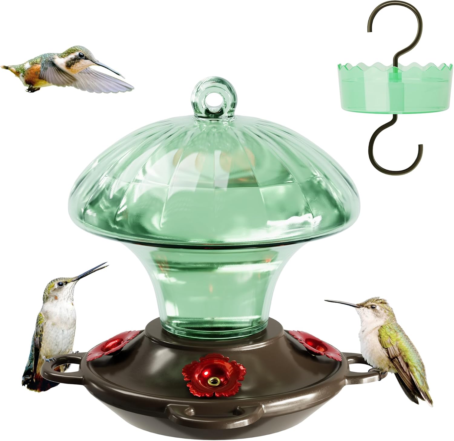 Hummingbird Feeder, Auslar 15 Ounces Glass Hummingbird Feeders for Outdoors Hanging Ant and Bee Proof, Ant Moat & 4 Flower Feeding Ports, Rustproof, Leakproof, Mushroom Shape, Green