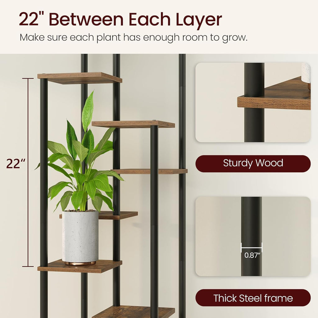 10 Tier Plant Stand Indoor, Tiered Corner Plant Shelf Flower Stand for Living Room, Balcony, Patio, Garden, Rustic Brown and Black