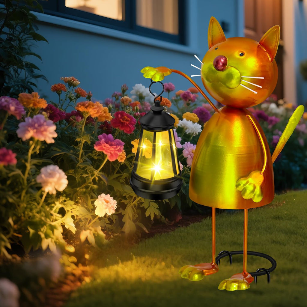 Solar Garden Decor Cat Statue with Solar Lights,13.78in Tall Metal Cat Figurines Decor,Birthday Gifts for Women Mom Grandma,Decorative Stakes for Yard Art Lawn Porch Patio Outside Decorations