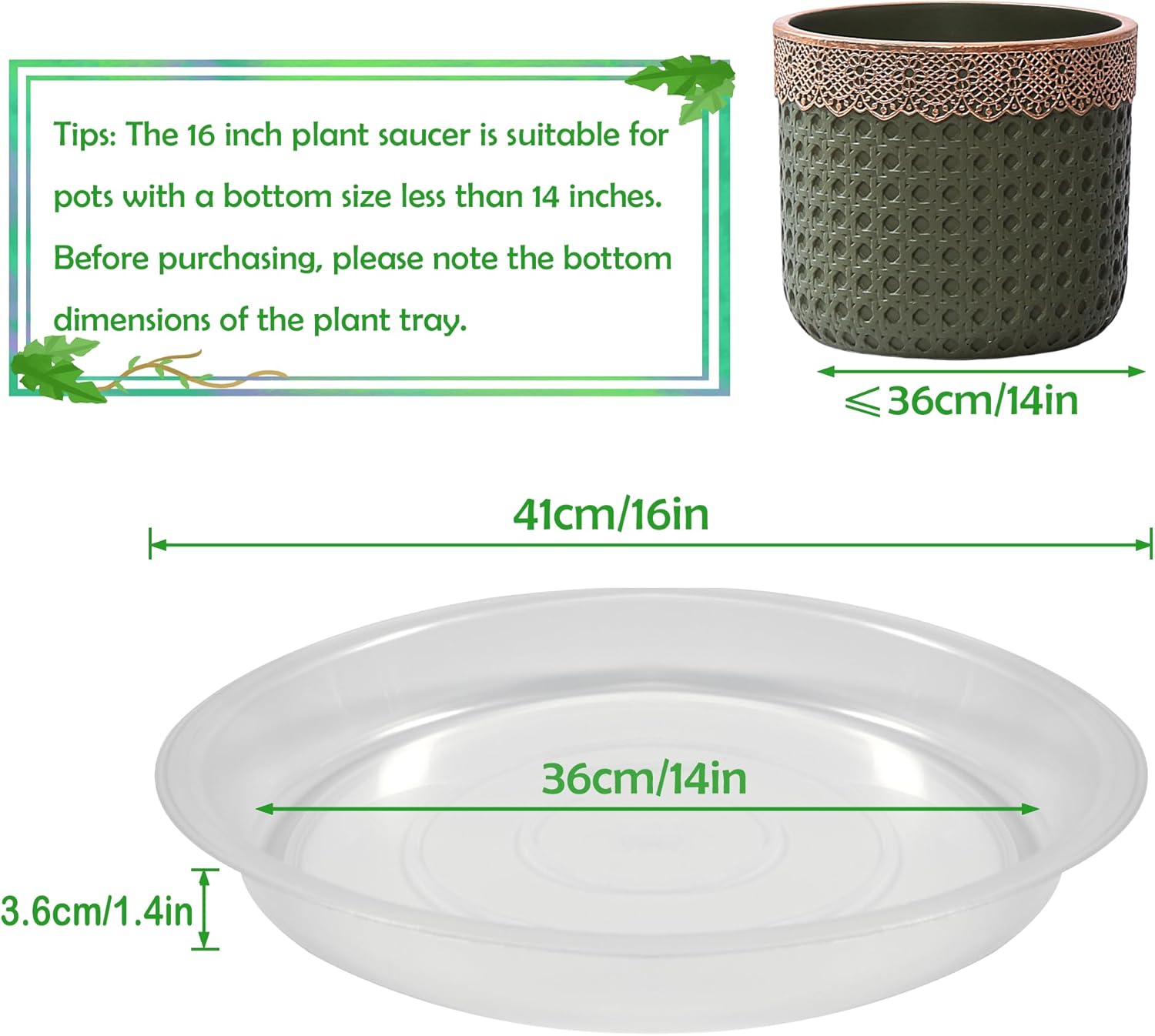 4 Pack 16 Inch Round Plant Saucers for Less 14Inch Pot Indoors Outdoors Plant Trays for Pots Planter Saucer Plastic Plant Drip Tray Flower Planter Water Tray for Potted Plants(Clear, 16"(4pcs))