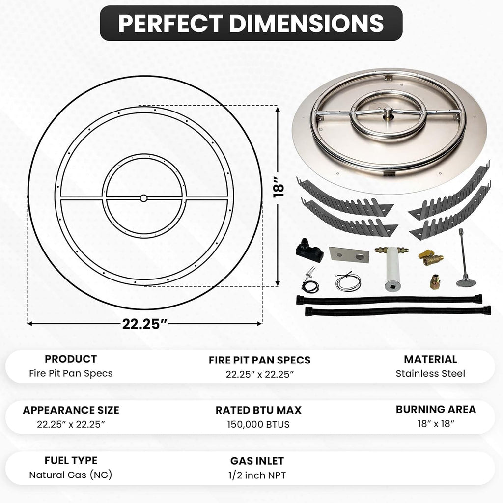 Stainless Steel Fire Pit Burner Pan & Ring Pro Kit for Natural Gas, 22-Inch Pan, 18-Inch Ring, 150,000 BTU Max