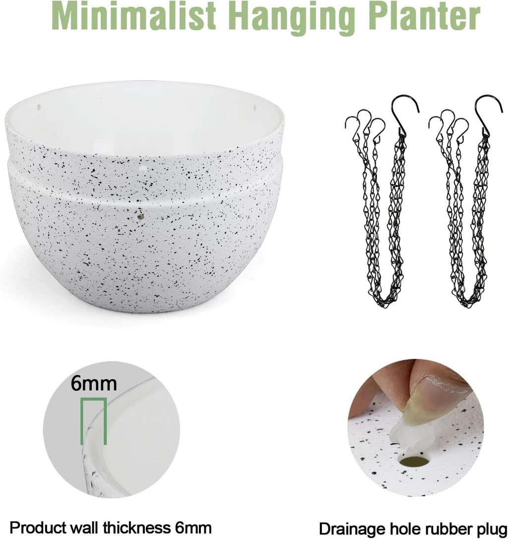 12 inch Large Hanging Planters for Indoor Outdoor Plants, 2 Pack Hanging Flower Pots with Drainage Holes and Chain for Garden Porch, Plastic Hanging Baskets for House Plants, Speckled White