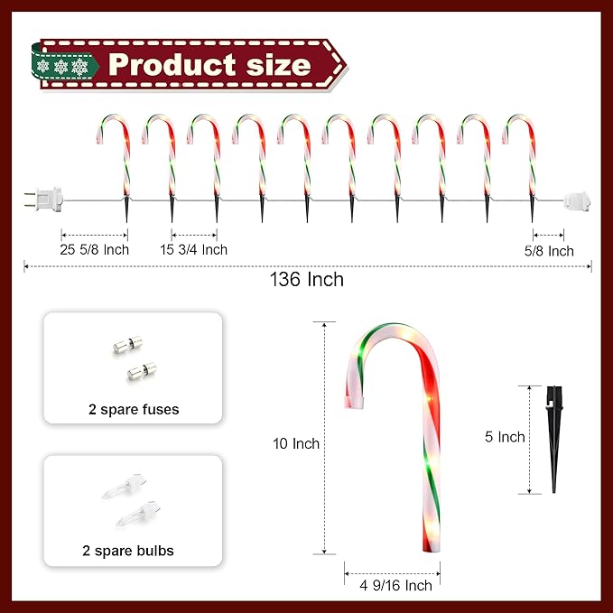 10" Christmas Candy Cane Pathway Lights, Set of 10 Pack Christmas Outdoor Decorations Candy Cane Lights Red & Green