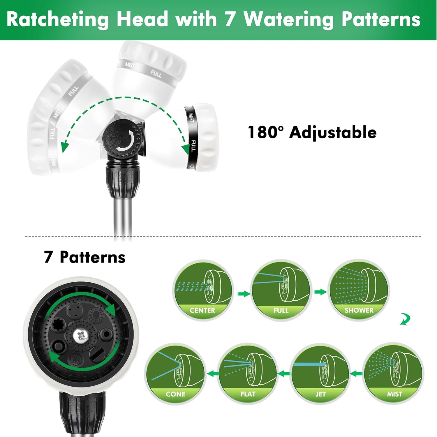 RESTMO 36”-60” Metal Watering Wand, Long Telescopic Tube | 180° Adjustable Ratcheting Head | 7 Spray Patterns | Flow Control, Garden Hose Sprayer to Water Hanging Baskets, Shrubs, White