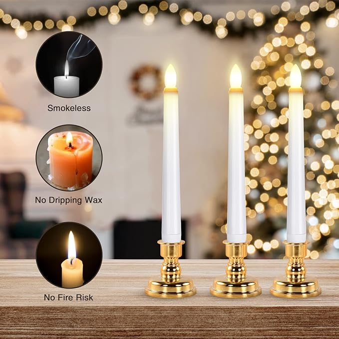 JOSU Taper Battery Operated Candles: 8PCS Flickering Flameless Candles with Timer - 3D Wick Fake Window Candle Outdoor +8 Gold Candlesticks, for Home Decor & Festival Celebration