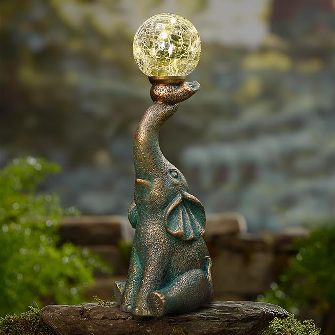 MININOVA Garden Decor Outdoor Statues Elephant with Cracked Glass Ball, Cute Solar Figurine for Patio, Lawn, Yard Art Ornament Decorations (8 LED Lights)