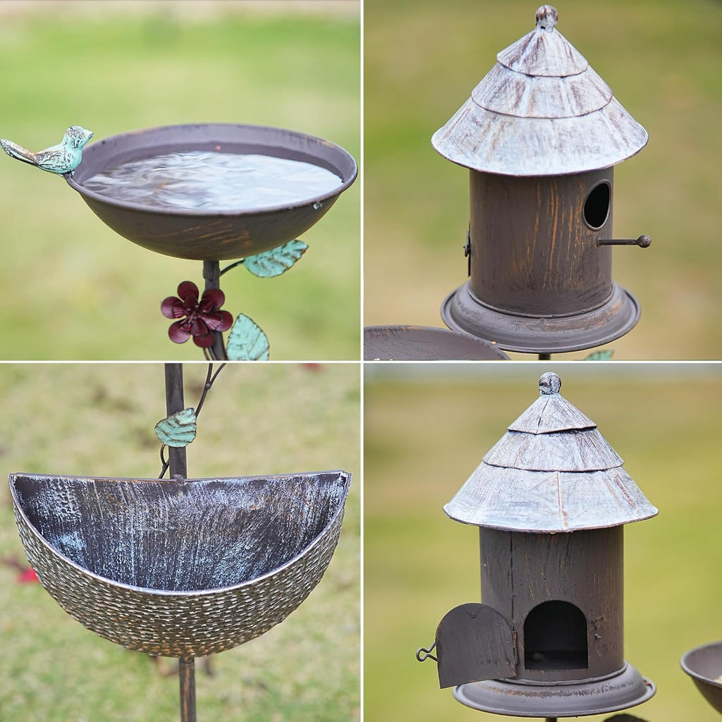 56.7” H Bird Baths for Outdoors, Metal Bird Bath Bird House and Planter Pot 3-in-1 Design, Birdbath and Bird Houses with Pole Stand for Outside Garden Yard Decor