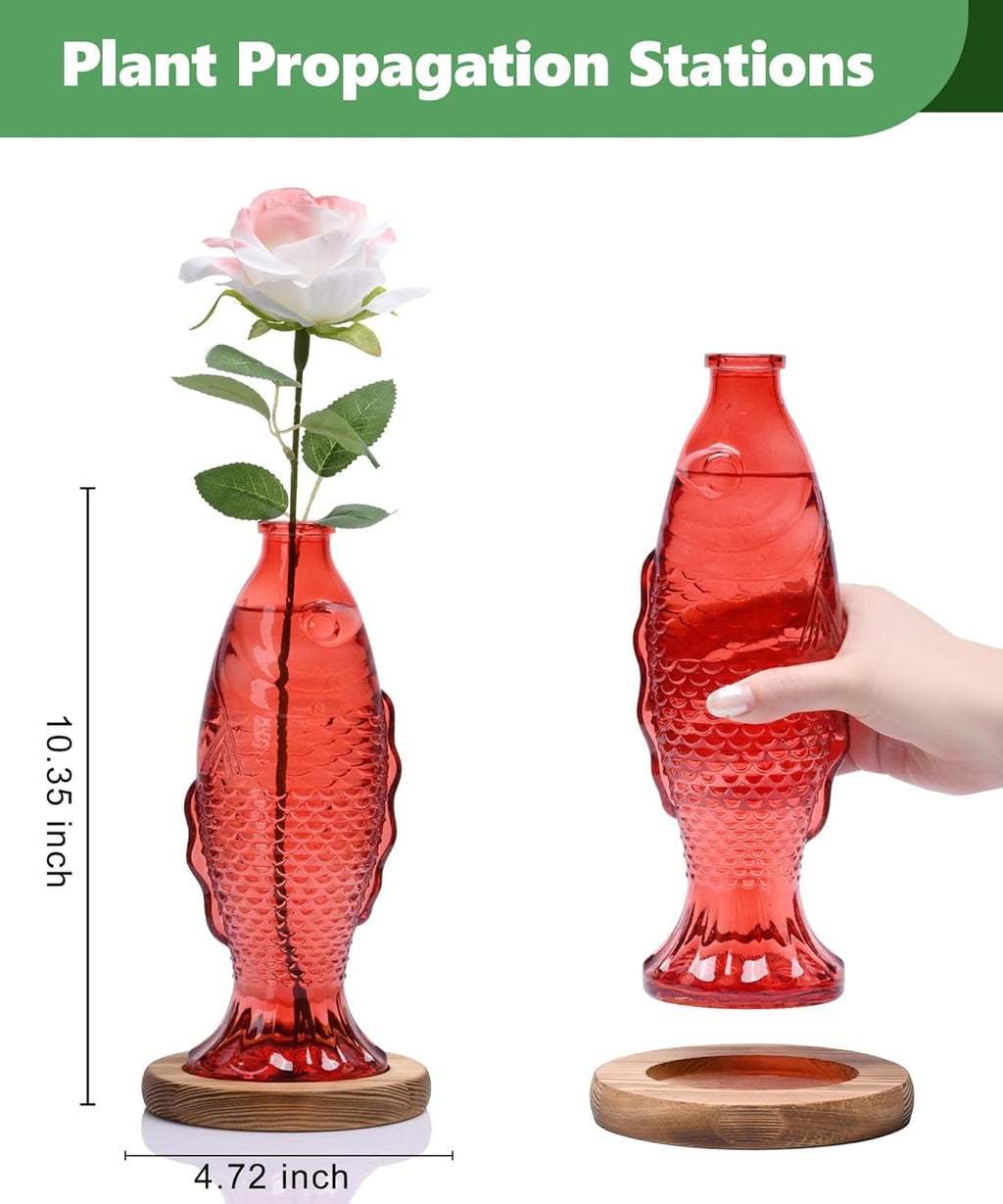 Nacome Fish Vase Glass Plant Terrarium with Wooden Stand,Planter Propagation Station for Home Office Hydroponics Desk Decoration,Unique Gardening Gifts for Plant Lovers Women Mom(Red)