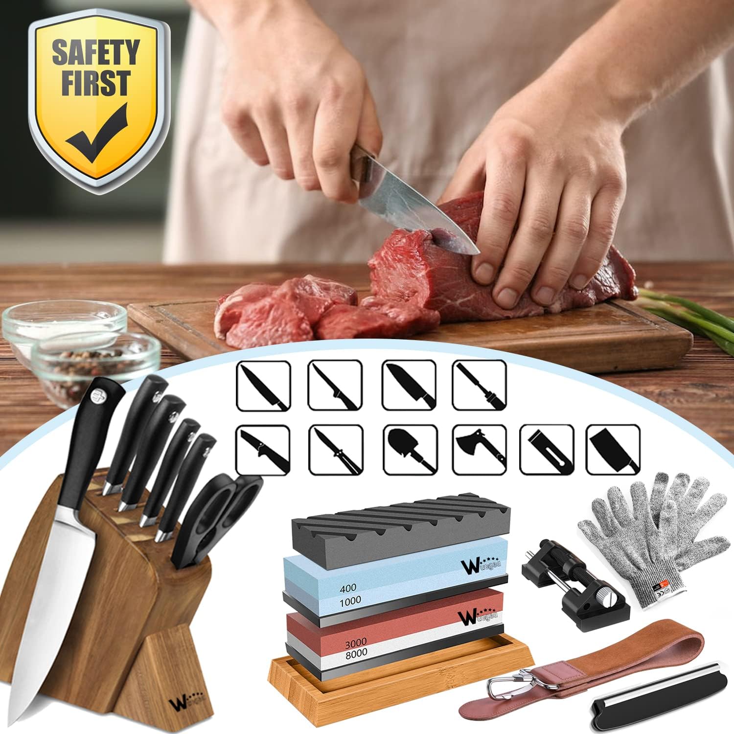 Knife Sharpening Stone Kit – 400/1000 3000/8000 Grit Wet Kitchen Whetstone Knife Sharpener Set with Non-slip Bamboo Rubber Base, Angle Guide, Flattening, Leather Strop and Cut Resistant Gloves