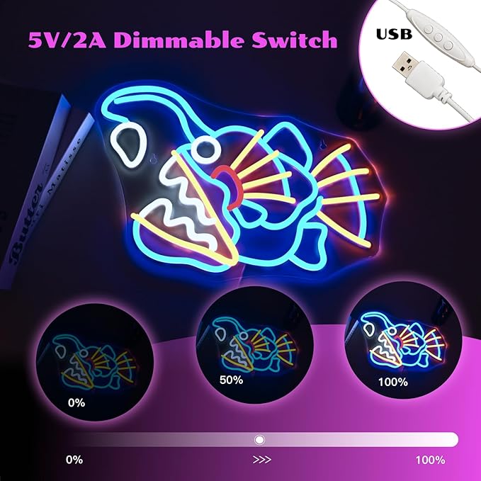 Fishing Neon Sign Dimmable Blue Fish Neon Signs for Wall Decor LED USB Powered Neon Light Sign for Fishing Gear Store Yacht Bedroom Scared Restaurant Man Cave Decoration Birthday Gifts